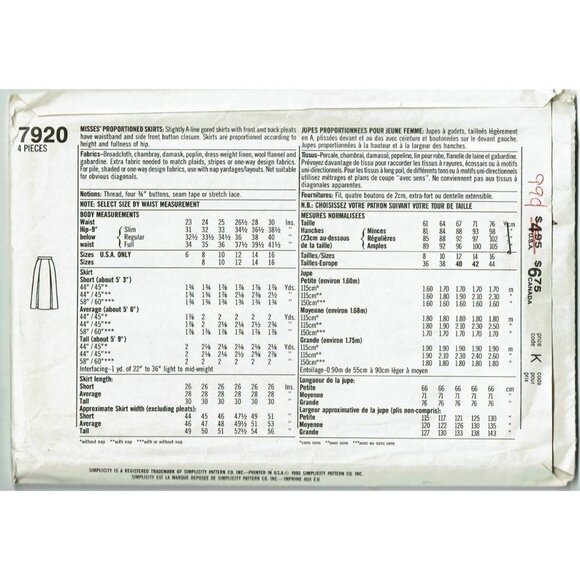 Simplicity Sewing Pattern 7920 Misses Skirts A Line Gored Size 6 UNCUT VTG - Picture 2 of 3